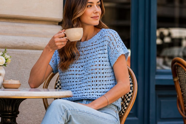 Modelo sentada em mesa de café ao ar livre, usando blusa de crochê azul claro e jeans de lavagem clara, segurando uma xícara de café.