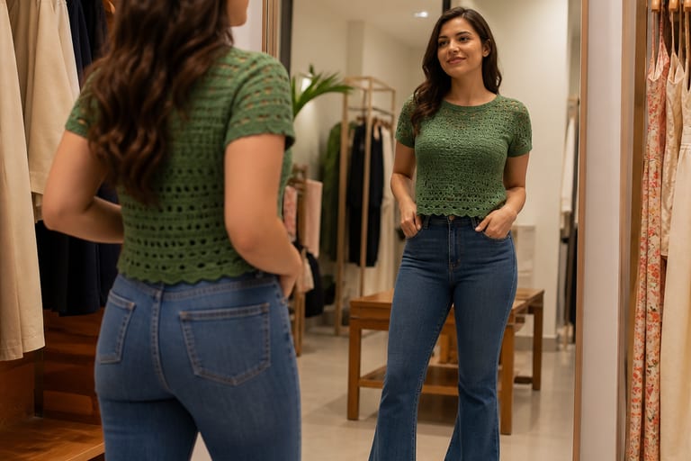 Modelo em pé em loja de roupas, vestindo blusa de crochê verde e jeans flare, olhando para o espelho com expressão satisfeita.