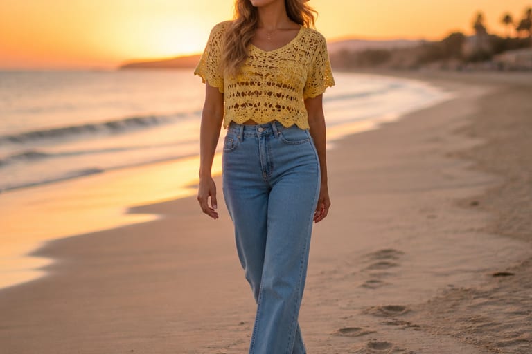 Modelo caminhando na areia da praia ao pôr do sol, vestindo blusa de crochê amarela, jeans de cintura alta, chapéu e sandálias.