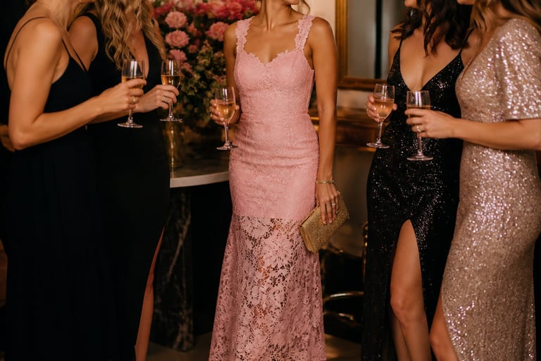 Mulher em vestido de renda rosa, com acessórios dourados e sapatos de salto, em um ambiente de festa, cercada por amigos.