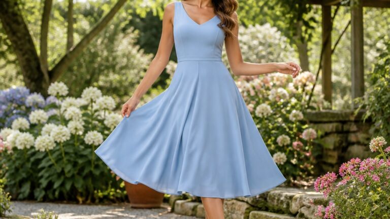 Mulher elegante vestindo vestido midi azul serenity em um jardim florido, usando sapatos de salto alto.