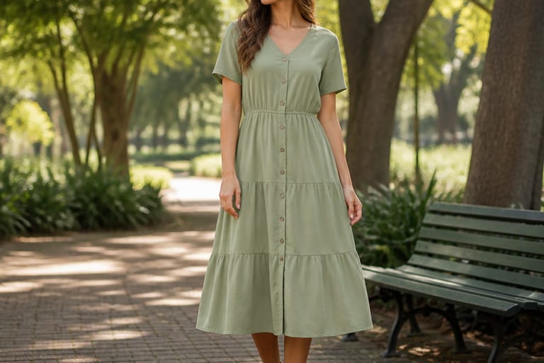 Mulher usando vestido midi de algodão em um parque, calçando sandálias confortáveis.