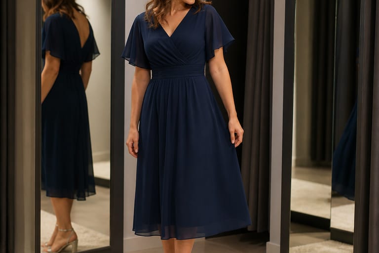 Mulher em um provador vestindo um vestido de festa azul marinho, com espelhos ao fundo, em pose descontraída.