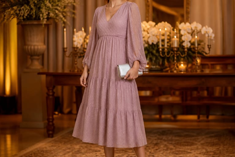 Mulher usando vestido de festa longo em um casamento, com decoração elegante ao fundo, sorrindo e em pose feliz.
