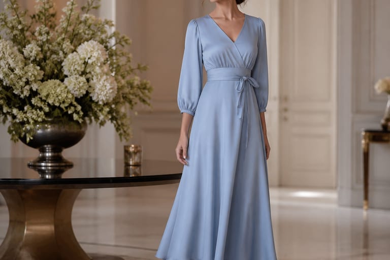 Vestido longo de seda azul serenity em um salão de festas elegante, com luz suave, em pose clássica.