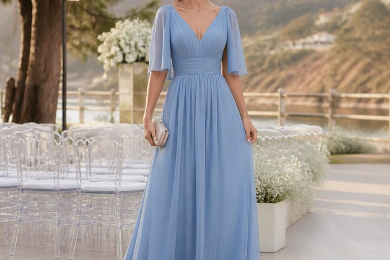 Vestido longo azul serenity em uma cerimônia de casamento ao ar livre, com mulher sorrindo em pose alegre.