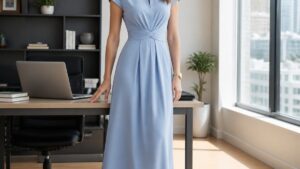 Mulher elegante usando vestido midi azul serenity em escritório moderno, com luz natural e ambiente claro. Detalhes de acessórios discretos como brincos e relógio.