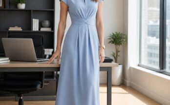 Mulher elegante usando vestido midi azul serenity em escritório moderno, com luz natural e ambiente claro. Detalhes de acessórios discretos como brincos e relógio.