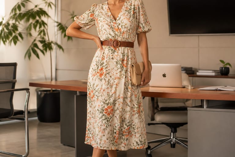 Mulher vestindo vestido midi floral em ambiente de escritório, com mesa de trabalho ao fundo e luz suave, pose descontraída e confiante, usando cinto e brincos discretos.