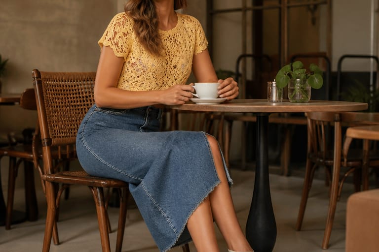 Mulher sentada em um café usando blusa de crochê amarela, saia jeans e sandálias, com uma xícara de café sobre a mesa.