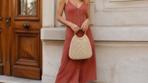 Mulher elegante em ambiente urbano, usando bolsa de crochê, vestido casual e sandálias, com pose descontraída e sorriso.