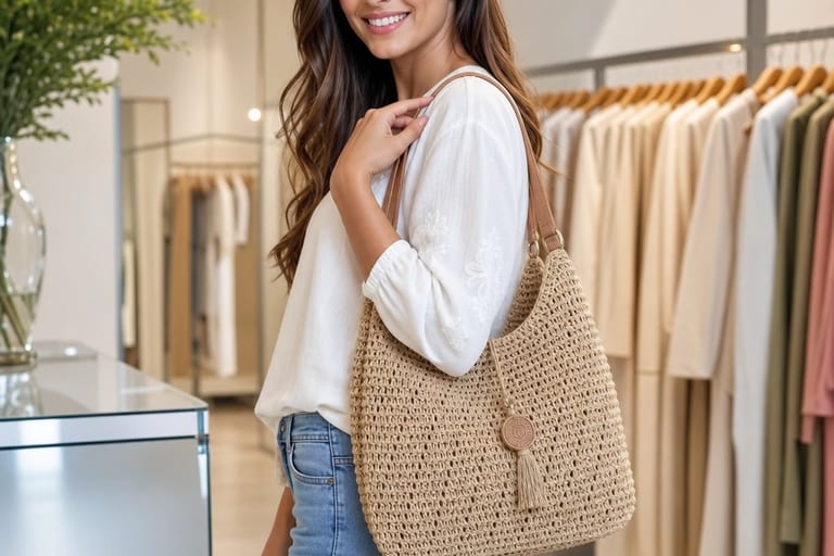 Mulher usando bolsa de crochê em loja de roupas, vestindo blusa leve e jeans.