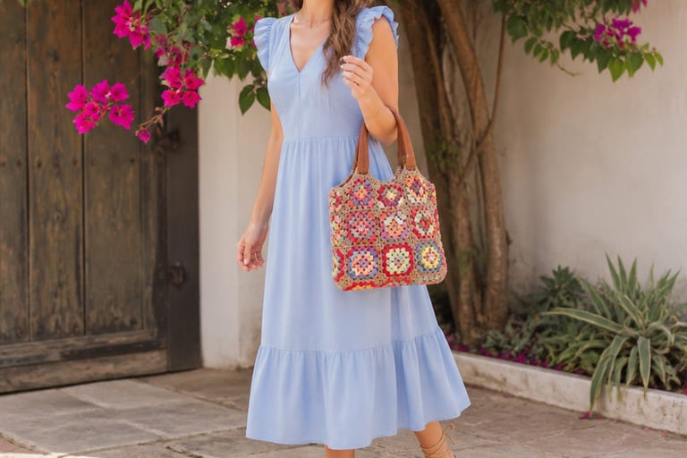 Mulher sorrindo em ambiente externo, usando bolsa de crochê colorida, vestido leve e sandálias, com flores ao fundo.