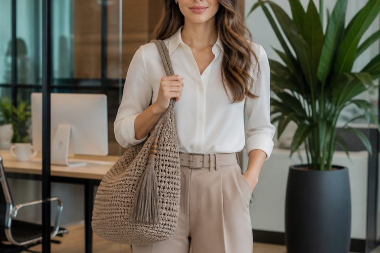 Mulher em ambiente de trabalho usando bolsa de crochê, vestindo blusa e calça de alfaiataria, em pose profissional.