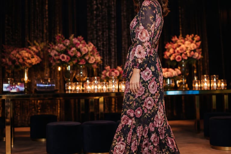 Mulher vestindo vestido longo floral e bota de couro preta em ambiente de festa, sorrindo e posando de lado, com luzes suaves e decoração elegante.