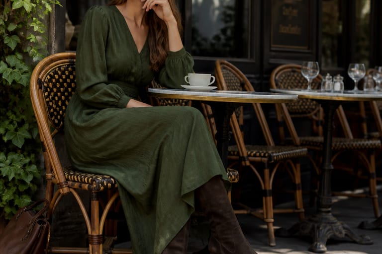 Mulher com vestido longo verde e bota de camurça marrom em um café ao ar livre, com mesas e luz natural, pose relaxada e olhar pensativo.