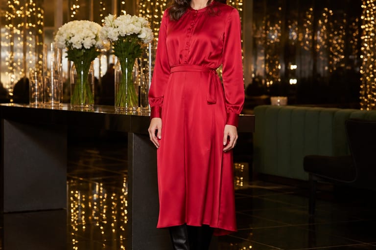 Mulher vestindo vestido longo de seda vermelho e bota de salto alto preta em ambiente de gala com luzes e decoração sofisticada.