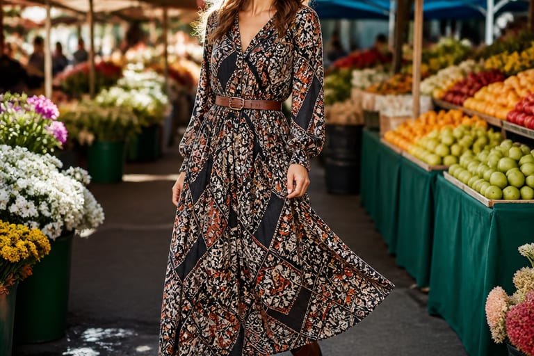 Mulher vestindo vestido longo estampado, bota de couro marrom e cinto na cintura, em um mercado com barracas coloridas e luz natural, pose alegre e descontraída.
