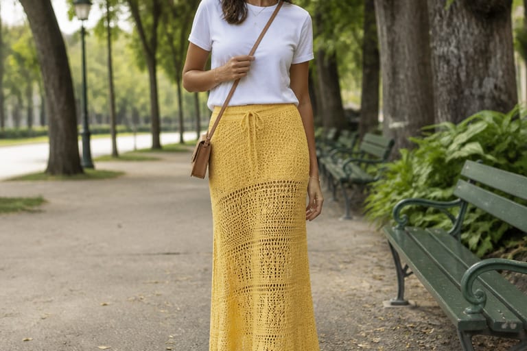 Mulher em parque vestindo saia de crochê longa amarela, camiseta básica e tênis, com bolsa transversal.