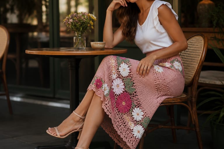 Mulher sentada em um café, usando saia de crochê rosa com estampa floral, blusa branca e sandálias, em ambiente com luz natural.