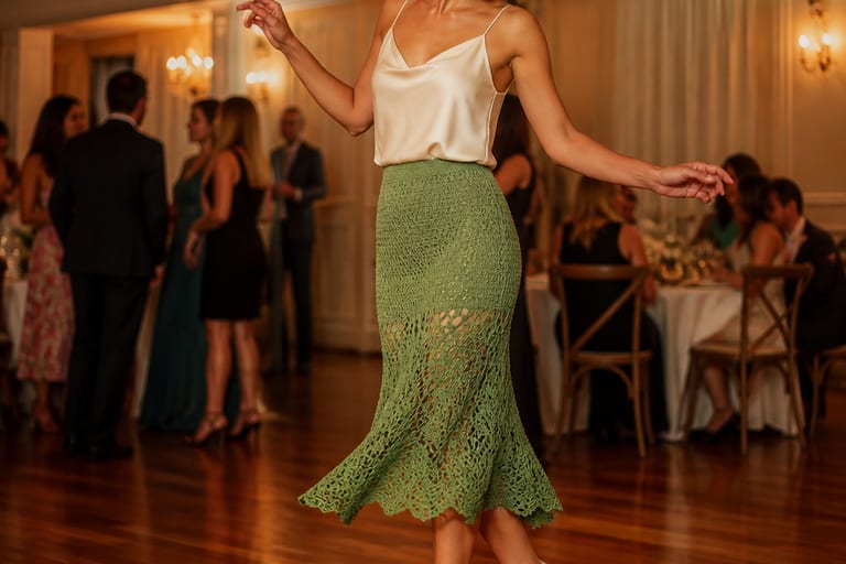 Mulher dançando em um ambiente de festa, vestindo saia de crochê verde, blusa de seda e saltos, sorrindo sob luz suave.