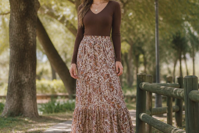 Mulher vestindo saia longa estampada e botinha marrom em um parque durante o dia, destacando a combinação de cores e o caimento da saia.