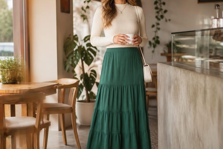 Mulher usando saia longa verde e botinha branca em um café com luz natural.