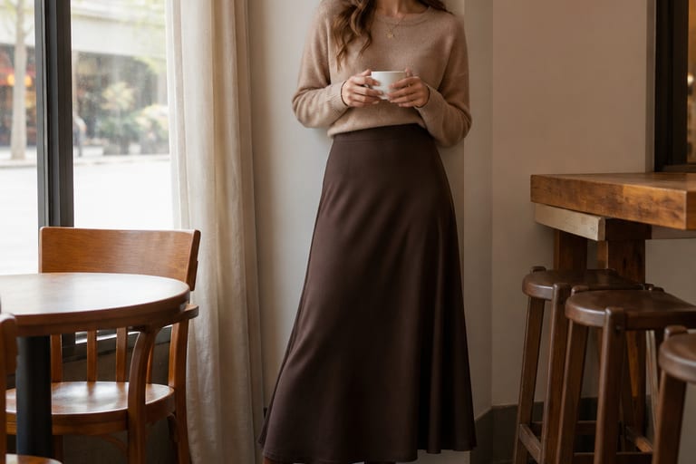 Mulher usando saia longa e botinha em um café com luz natural.