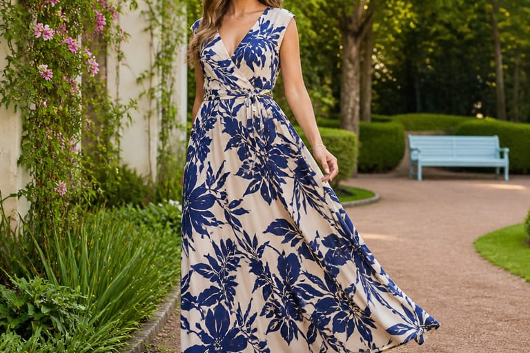Mulher sorrindo em um jardim, vestindo um vestido longo estampado e salto alto.