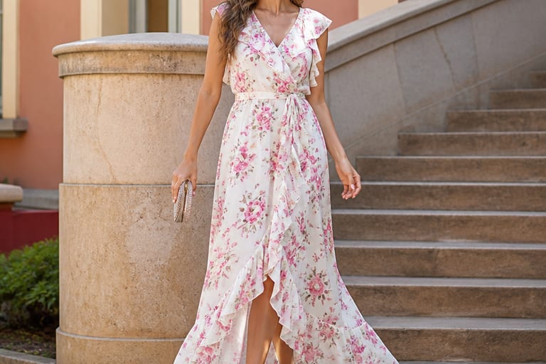 Mulher usando vestido longo floral em ambiente externo, com salto alto, em pose descontraída.