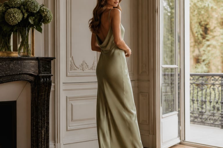 Mulher vestindo vestido longo de seda em ambiente sofisticado, usando salto alto e posando de forma elegante.