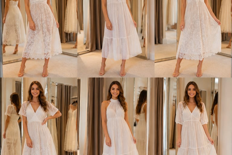 Mulher experimentando vestido branco transparente em um provador boutique, com espelhos ao fundo e boa iluminação.