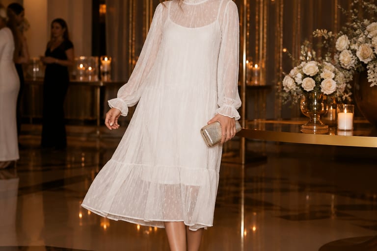 Mulher usando vestido branco transparente em ambiente de festa, destacando o caimento fluido do tecido e acessórios elegantes.