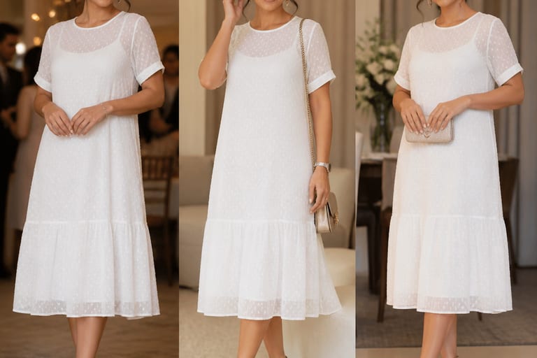 Mulher usando vestido branco transparente em ambiente de festa, com luz suave, destacando acessórios variados.
