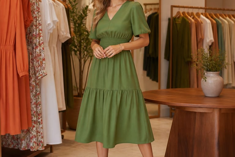 Mulher usando vestido verde midi em boutique, com pose descontraída e iluminação suave.