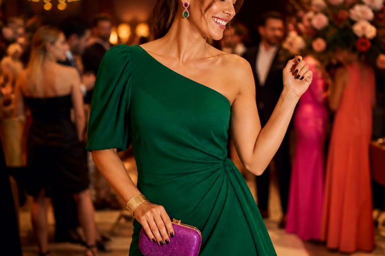 Mulher sorridente usando vestido verde e acessórios coloridos em ambiente de festa, com iluminação vibrante.