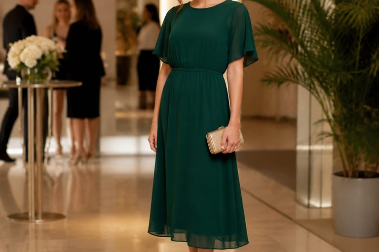 Mulher usando vestido verde com acessórios elegantes em um ambiente de festa, pose confiante.