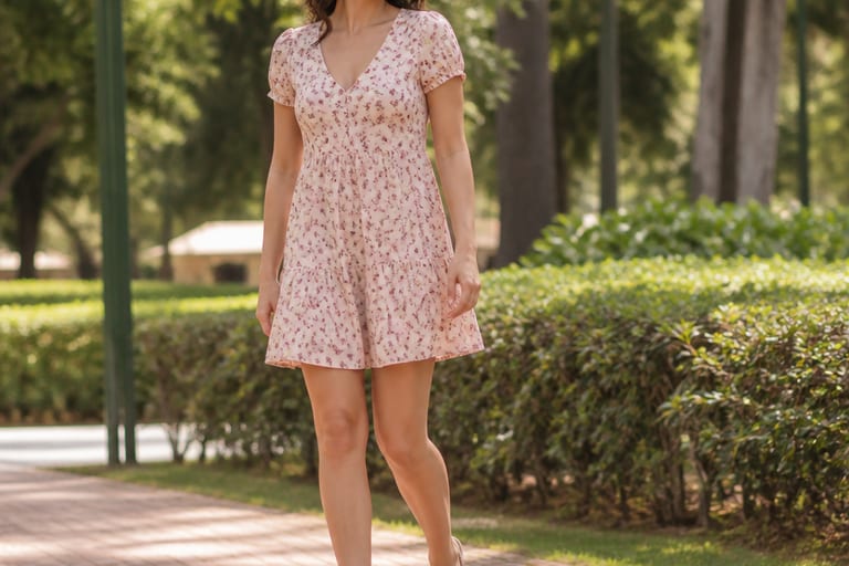 Mulher usando vestido curto casual e sandália baixa em um parque, ambiente ao ar livre.