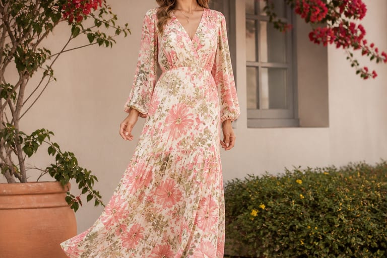 Mulher usando vestido longo estampado com sapatos neutros em ambiente externo com flores.