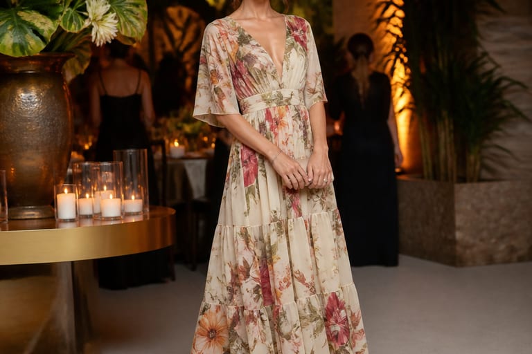 Mulher usando vestido longo estampado em ambiente de festa, com sapatos elegantes.