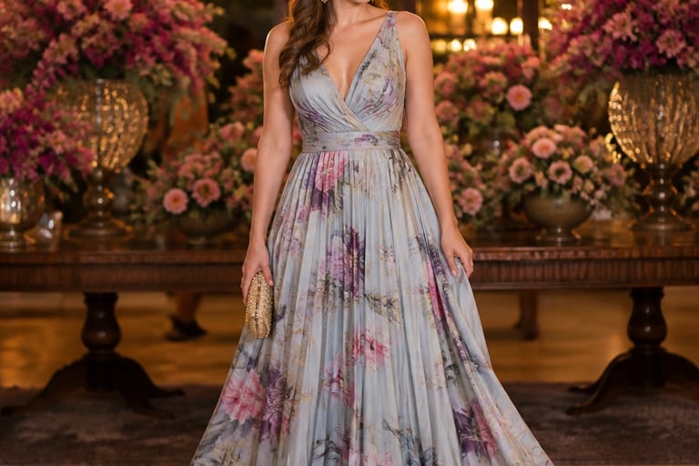 Mulher usando vestido longo estampado e acessórios elegantes em um ambiente de festa bem iluminado.