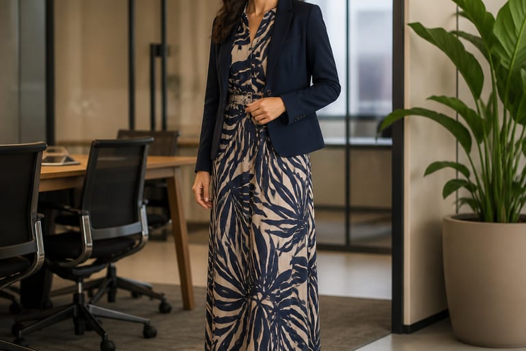 Mulher em ambiente de trabalho usando vestido longo estampado, sapatos fechados e blazer, com boa iluminação.
