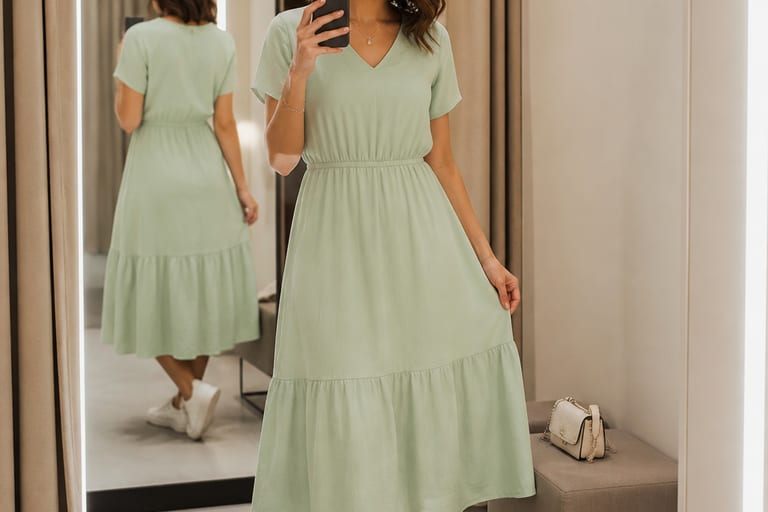 Vestido midi casual em cor pastel, combinado com tênis branco, em um provador iluminado, mostrando detalhes do caimento e acessórios.