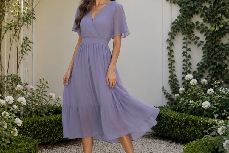 Vestido midi de chiffon em um ambiente de jardim iluminado, combinado com tênis branco, mostrando detalhes do tecido e caimento.