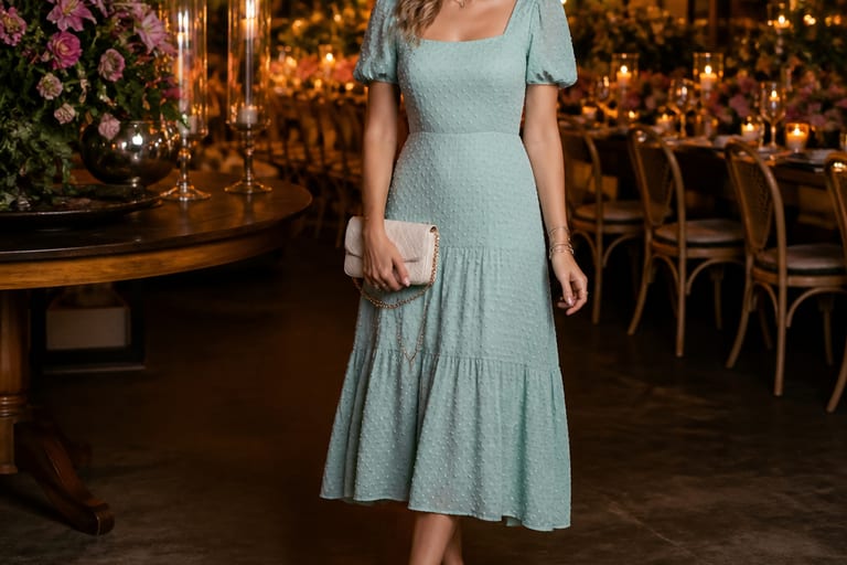 Vestido midi casual em ambiente de festa iluminado, com detalhes de acessórios e tênis branco.