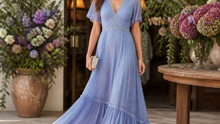 Mulher de corpo inteiro vestindo vestido longo azul serenity com detalhes delicados, sorrindo em um ambiente iluminado com flores.