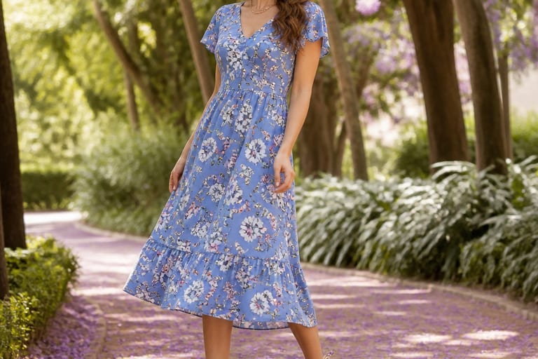 Mulher em vestido azul serenity com estampa floral, em ambiente externo com árvores e flores, sorrindo e em pose descontraída.