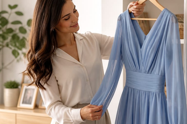 Mulher organizando um vestido azul serenity em um cabide em um ambiente iluminado.