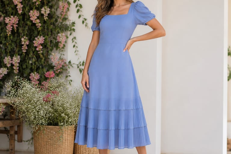 Modelo em pé usando vestido midi azul serenity com flores ao fundo, sorrindo e com uma mão na cintura, usando sandálias elegantes.