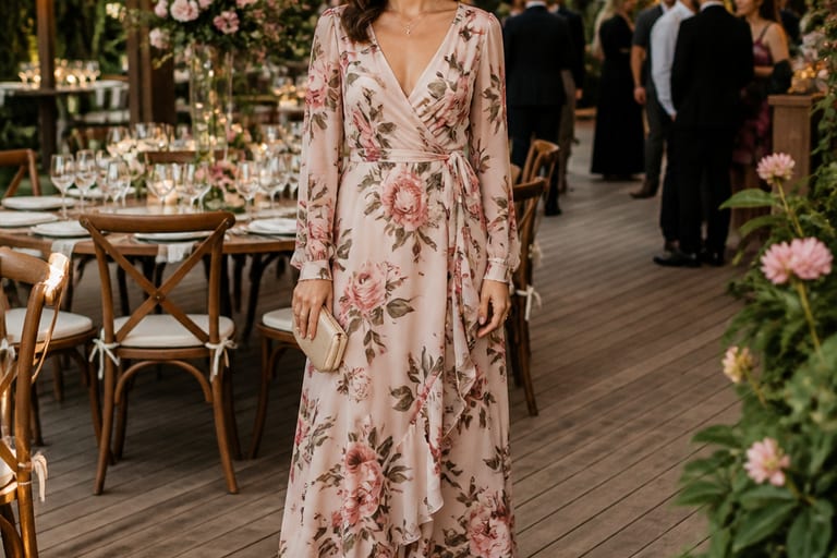 Mulher sorrindo vestindo vestido longo floral em um casamento ao ar livre, com mesas decoradas e convidados ao fundo.